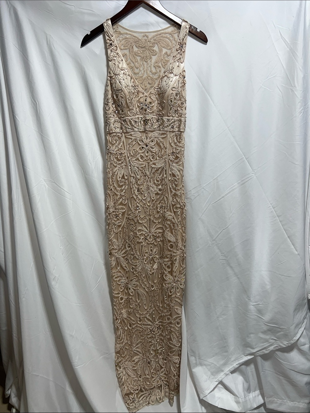 Sue Wong Champagne Beaded Lace Maxi Dress